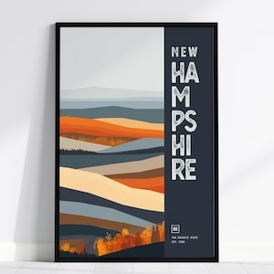 Póster de New Hampshire, The Granite State: diseño abstracto de follaje otoñal, disponible con o sin marco, ideal para decoración del hogar, arte elegante para la pared del hogar
