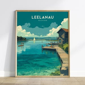 Leelanau Michigan Lake Poster – Rustic Dock & Sailboat Wall Art, Cabin Decor, Framed or Unframed, Up North Summer Print for Lake Lovers