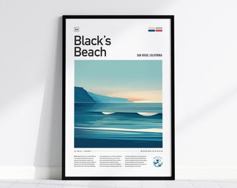 Black's Beach-surfposter: San Diego Art Print, ingelijst of ingelijst verkrijgbaar