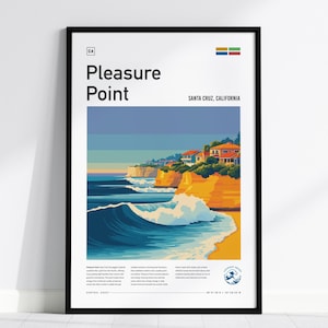 May include: A framed wall art print titled Pleasure Point, Santa Cruz, California. The graphic illustration depicts a coastal scene with blue ocean waves, golden cliffs, and houses. The print includes text, a small CA box, and a circular logo.