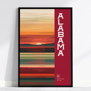 Póster minimalista del estado de Alabama: arte abstracto en vibrantes tonos castaño rojizos. Disponible con o sin marco. Ideal para amantes de la decoración del hogar. Decoración de Alabama.