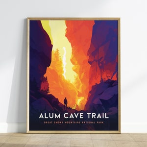 Cartaz de viagem de Great Smoky, pôster da trilha da caverna de Alum, pôster do Parque Nacional de Great Smoky, impressão de arte de parede de viagem de parques nacionais, pôster de viagem personalizado