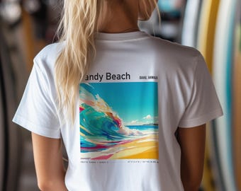 Puede incluir: Camiseta blanca con un gráfico colorido de una ola rompiendo y el texto "Sandy Beach, Oahu, Hawaii". El diseño de la ola incluye tonos de azul, turquesa, amarillo y rosa.