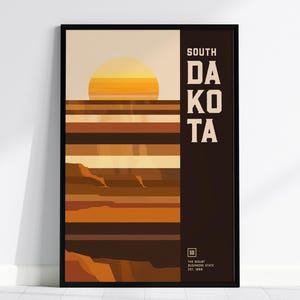 Póster del estado de Dakota del Sur, Monte Rushmore: diseño geométrico minimalista, disponible con o sin marco, perfecto para decoración moderna y rústica