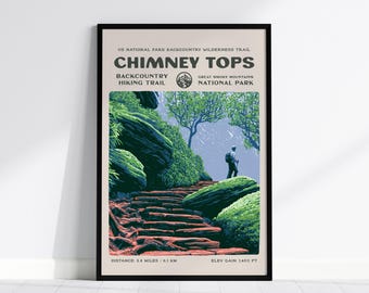 Chimney Tops Hiking Poster | Hiker Gift | Great Smoky Mountains Trail Wall Art | Framed or Unframed