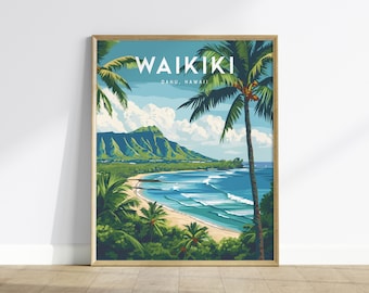 Waikiki Beach, Oahu, Hawaii, Wall Art | Diamond Head Framed Poster Design Travel Ocean Tropical Hawaiian Rental Home Decor Print Gift