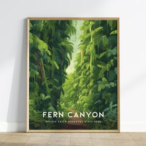 Impresión de viaje enmarcada de Fern Canyon Loop Trail, impresión de póster de Fern Canyon, arte de pared de parques estatales de California, Fern Canyon Jurassic Park Lost World