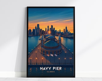 Chicago Navy Pier Sunset Art Print: Illinois Skyline Poster