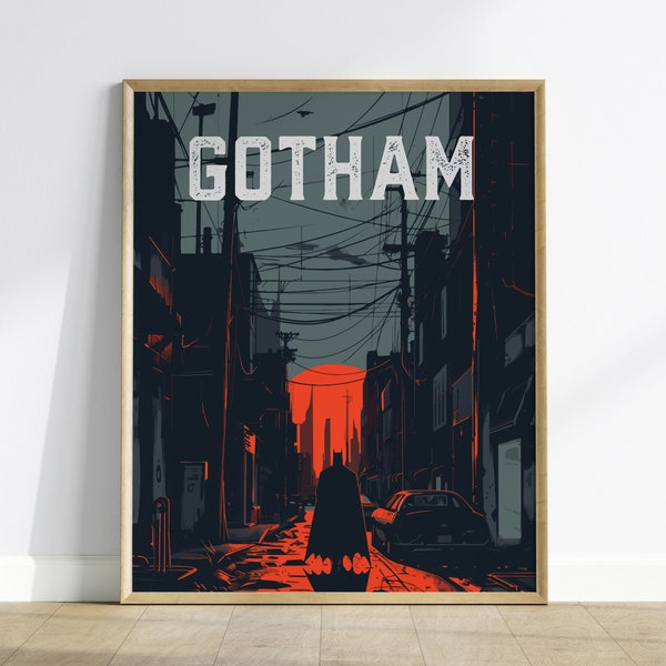Art mural encadré Gotham City | Fan de Batman, affiche du film Noir, conception d'affiche DC Universe, impression sans cadre, illustration de bande dessinée, décoration d'intérieur sombre