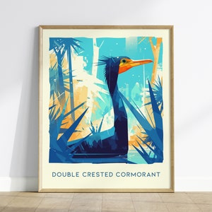Cormorán, arte de pared enmarcado de vida silvestre de aves de Florida - Diseño de póster de pájaro pavo acuático Impresión de viaje Conjunto de decoración de observador de aves de cabaña de playa de lago