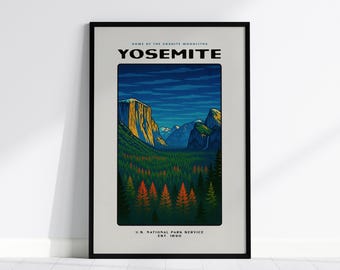 Sztuka ścienna z Parkiem Narodowym Yosemite: wydruk z podróży w stylu vintage, plakat z Parkiem Narodowym w stylu retro, wydruk z podróży w stylu vintage w stylu WPA, dekoracja ścienna z płótna