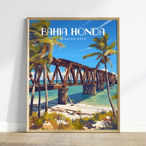 Arte de pared enmarcado del parque estatal Bahia Honda Key, Florida Keys: diseño de póster de vacaciones en la playa Bridge, colección de impresiones de viajes a la isla, juego de decoración para el hogar