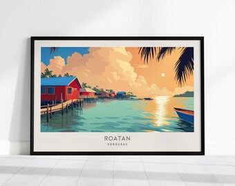 Roatan Honduras Landscape Matte Travel Poster, Tropical Coastal Beach Decor, Destination Wall Art Print