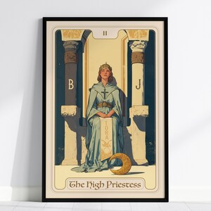 De hogepriesteres Major Arcana tarotkaart ingelijste poster - Rider Waite-kunstwerk waarzeggerij Art Nouveau Wicca Dark Academia Home Decor cadeau
