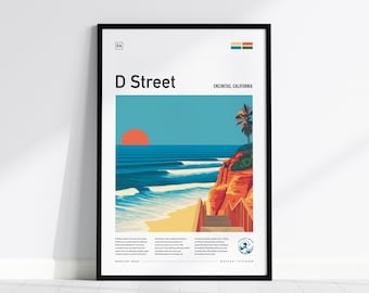 D Street Encinitas Surf Print: California Coastal Art, Framed Optional