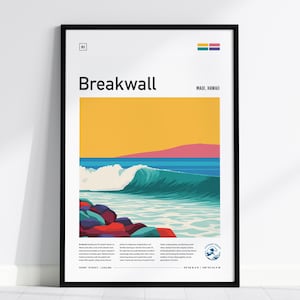 May include: A framed art print with a graphic illustration of a breaking wave. The print includes the word "Breakwall" and the location "Maui, Hawaii." The colour scheme features blues, oranges, and pinks.
