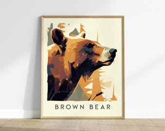 Brown Bear Art Print: Minimalist Wildlife Poster, Mountain Cabin Decor