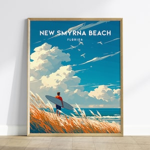 New Smyrna Beach Surfer, Florida Spring Break Framed Wall Art - Space Coast Beach House Longboard Surf Poster Travel Print Gift Home Decor