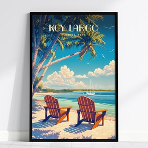 Key Largo, Florida Keys, Framed Wall Art - South FL Beach Travel Poster Print Tropical Island Vacation Home Decor Cottage Artwork Gift Set