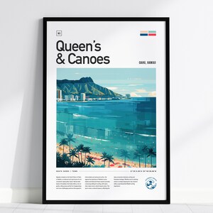 Queens & Canoes Waikiki Surf Spot gerahmtes Poster, Honolulu Surfing Wandkunst, Oahu Hawaii Urlaubsreise Druck, Longboard Surfer Dekor Geschenk