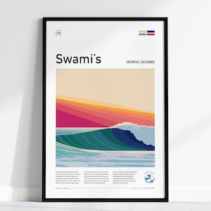 Swami&#39;s Encinitas Surf Spot Framed Poster, San Diego California Surfer Wall Art, CA Travel Print Beach House Modern SoCal Surfing Wave Gift