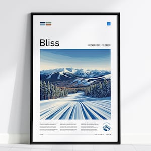 Bliss Ski Run | Breckenridge Resort Colorado Blue Intermediate Skiing Slope Framed Poster Skier Snowboarder Cabin Lodge Art Decor Gift