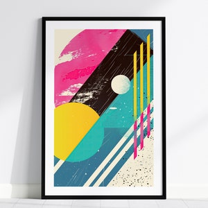 Eighties Wall Art Series 02, 1980s Style Vintage Abstract Shapes Contemporary Art Framed Poster, 80s Retro Design Nostalgic Modern Decor Set