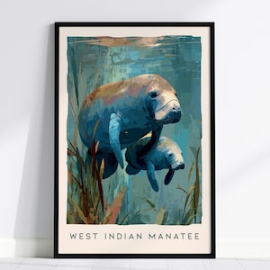 Manatee Art Print: Florida Wildlife Sea Cow Print, Modern Nature Wall Decor, Framed or Unframed image 1