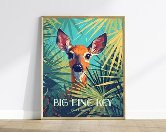 Big Pine Key, Florida Keys Framed Wall Art - Deer Palmettos Vacation Poster Design Travel Island Print Collection Home Beach Cottage Decor