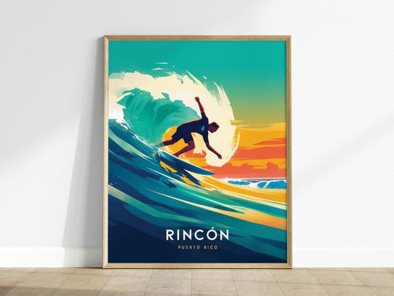 40 YEARS OF SURFER コラージュポスター Rincon Puerto Rico Surf Poster: Caribbean Beach Wall Art, Framed