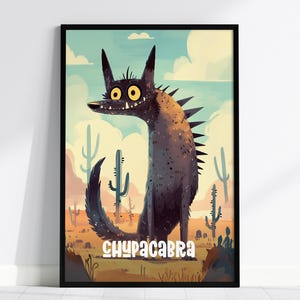Chupacabras - Serie de críptidos adorables. Póster enmarcado para habitación infantil. Impresión para dormitorio infantil. Mitos del suroeste. Criptozoología.