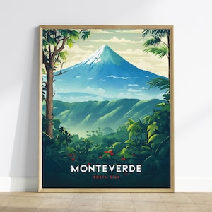 Monteverde Costa Rica poster, Arenal vulkaan weergave kunst, ingelijste/ingelijste nevelwoud print, natuurliefhebber cadeau, tropische wildernis decor