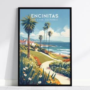 Encinitas California Framed Poster, San Diego Wall Art, SoCal Travel Print, Moonlight Beach House Modern Scenic Coastal Nature Ocean Gift
