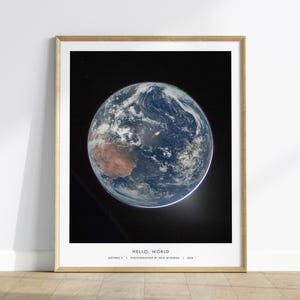 Hello World NASA black frame Artemis II Earth poster Blue Marble space photography art wall hanging