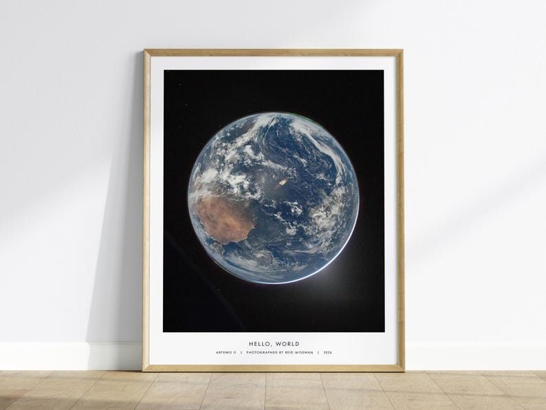 Hello World NASA black frame Artemis II Earth poster Blue Marble space photography art wall hanging