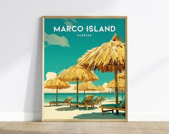 Póster de playa de Marco Island, Florida: Impresión artística de viaje por la Costa del Golfo, con o sin marco