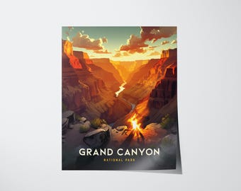 May include: A poster featuring an artistic illustration of the Grand Canyon at sunset. The image showcases the canyon's layered rock formations in shades of orange and red, with a river winding through the center. The text "GRAND CANYON NATIONAL PARK" is at the bottom.