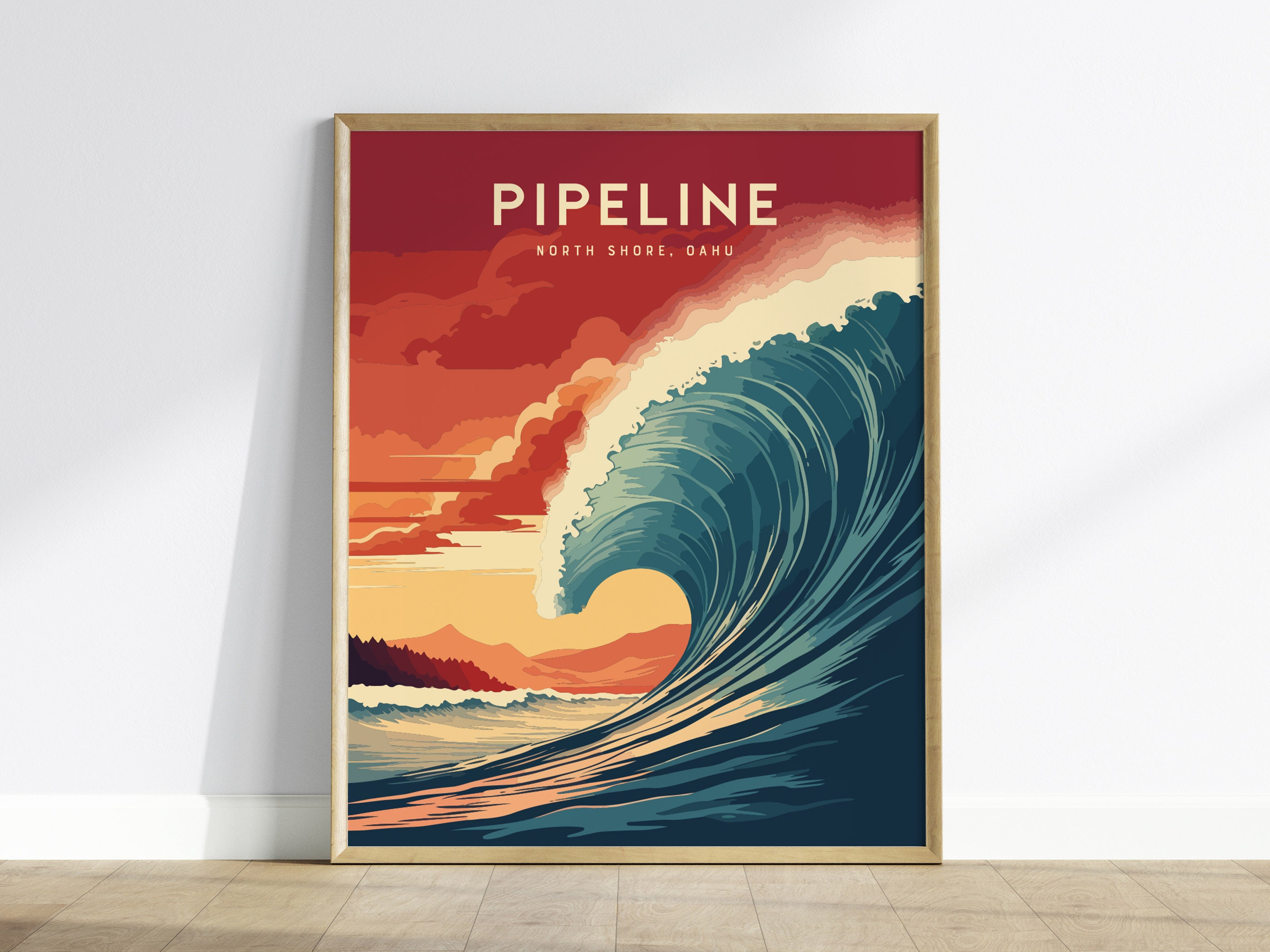 NORTH SHORE - OAHU 絵画 Pipeline North Shore Oahu Framed Wave Poster: Hawaii Surf