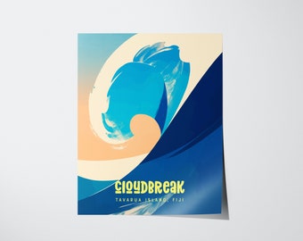 May include: A poster with a graphic illustration of a wave in shades of blue, cream, and peach. The word "CLOUDBREAK" is in yellow, with "TAVARUA ISLAND, FIJI" below it.