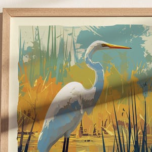 Biała czapla, Floryda Ptaki Dzikie Zwierzęta Oprawione Ścienne Sztuka: Plakat z Ptakami Przyrodniczymi Projekt Podróży Wydruk Jezioro Dom Plaża Domek Ptaki Dekoracje Zestaw zdjęcie 4