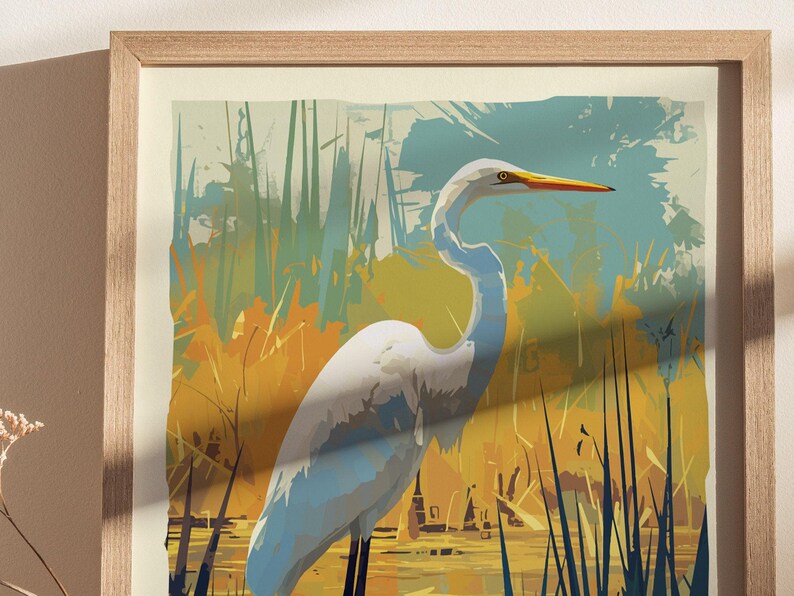 Biała czapla, Floryda Ptaki Dzikie Zwierzęta Oprawione Ścienne Sztuka: Plakat z Ptakami Przyrodniczymi Projekt Podróży Wydruk Jezioro Dom Plaża Domek Ptaki Dekoracje Zestaw zdjęcie 4