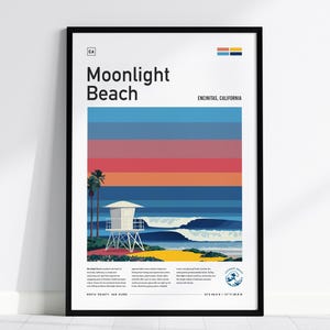 Könnte beinhalten: Ein gerahmter Kunstdruck mit einer stilisierten Illustration von Moonlight Beach in Encinitas, Kalifornien. Das Kunstwerk zeigt einen farbenfrohen Sonnenuntergang über dem Meer, mit einem Rettungsturm und Palmen. Der Text "Moonlight Beach" ist prominent dargestellt.