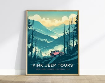Pink Jeep Tours at Great Smoky Mountains National Park Framed Travel Print, Great Smoky Mountain National Park Travel Poster, Pink Jeep Art