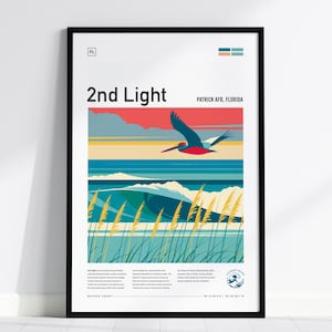 May include: A framed poster titled 2nd Light featuring a graphic illustration of a pelican flying over ocean waves and beach grass at Patrick AFB, Florida. The artwork uses a palette of red, blue, yellow, and teal with text at the bottom.