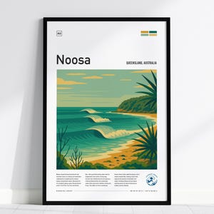 Noosa Surf Spot Framed Poster Australia Longboard Wave Modern Wall Art Surfer Travel Print Minimalist Design Sunshine Coast Surfing Decor