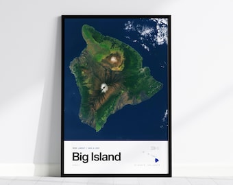 Big Island Satellite Poster, Hawaii From Space, NASA Landsat Aerial Photography, Volcano Print, Mauna Kea Wall Art, Hawaiian Island Gift