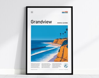 Impresión de surf de Grandview Beach: póster de viaje de Encinitas, California, arte costero enmarcado