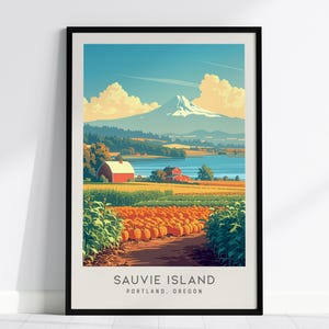 Könnte beinhalten: Ein gerahmter Kunstdruck mit einer Landschaft von Sauvie Island in Portland, Oregon. Die Szene zeigt ein Kürbisfeld im Vordergrund, rote Scheunen, einen blauen Fluss und einen schneebedeckten Berg unter einem klaren Himmel. Text: Sauvie Island Portland, Oregon.
