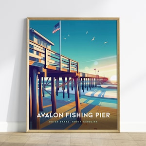 Póster de viaje enmarcado del muelle de pesca de Avalon en Outer Banks, arte mural del muelle de pesca de Avalon, póster de Kill Devil Hills en OBX, Carolina del Norte, decoración de Airbnb