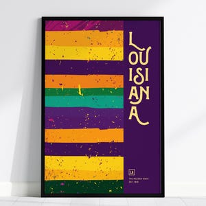 Póster de Luisiana, El Estado del Pelícano: Jazz vibrante y arte abstracto de Mardi Gras, con o sin marco, ideal como regalo para amantes del jazz y decoración de Mardi Gras.